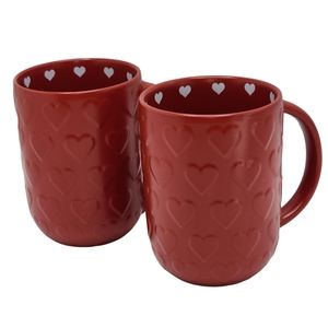 Set of 2 Red Ceramic Coffee Mug With Embossed‎ And Printed Hearts Around